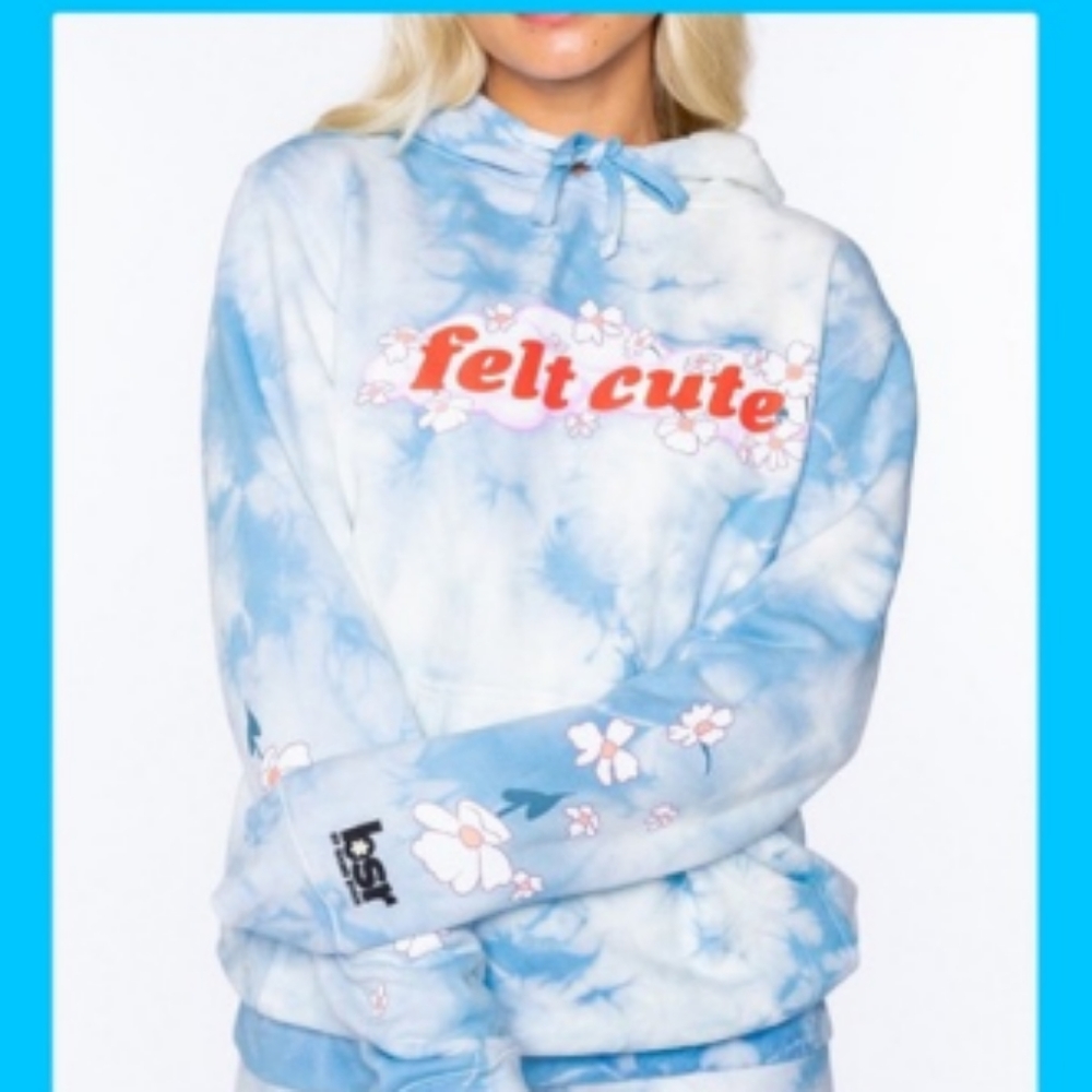 New "Felt Cute" Graphic Blue Tie Dye Hoodie bsr By Samii Ryan Size Small